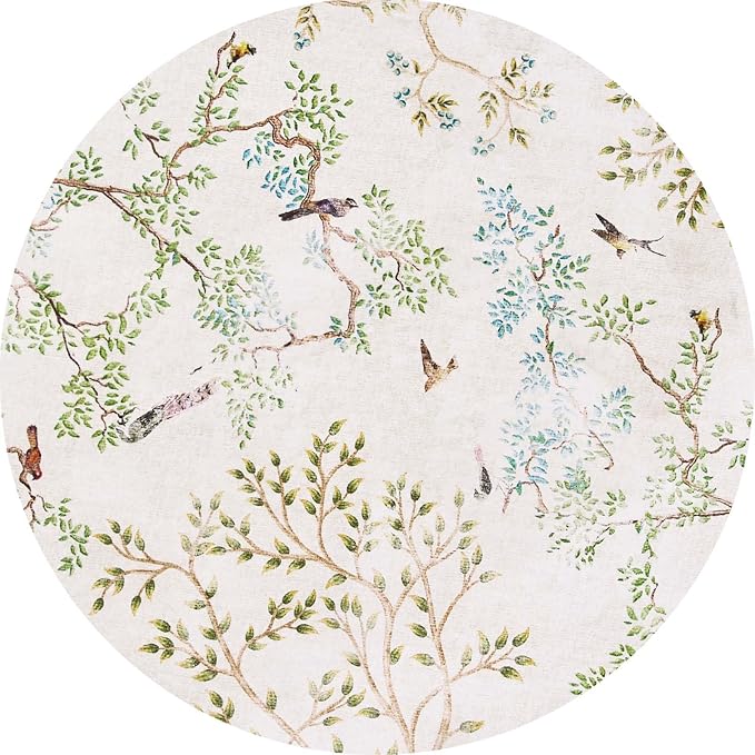 jinchan Round Rugs 4ft Ivory Botanical Birds Print Machine Washable 4' Circle Nature Plants Modern Soft Non Slip Throw Area Rugs Ultra Thin Low Pile Carpet for Entryway Bedroom Kitchen Kids Room