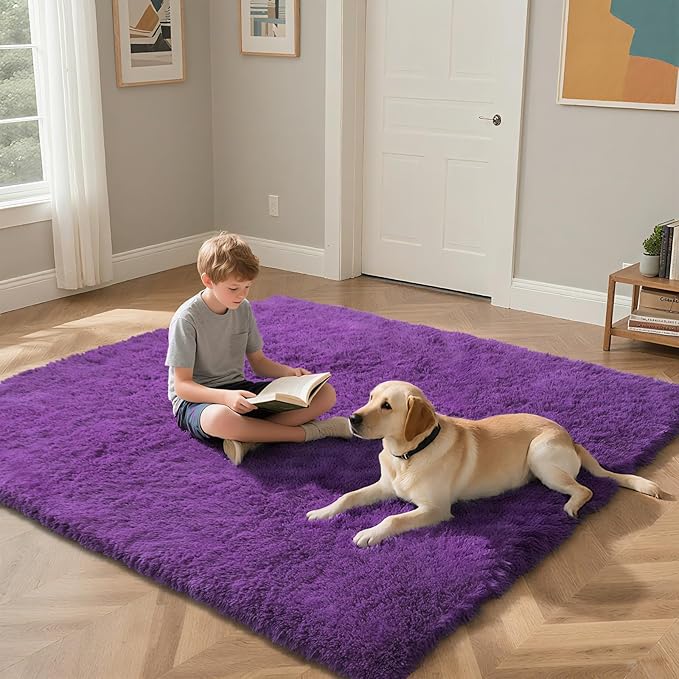 Purple Fluffy Rug Shaggy Area Rug, 6x9 Area Rugs for Girls Bedroom, Big Soft Shaggy Bedside Non-Slip Plush Dorm Nursery Kids Carpet Home Decor Aesthetic