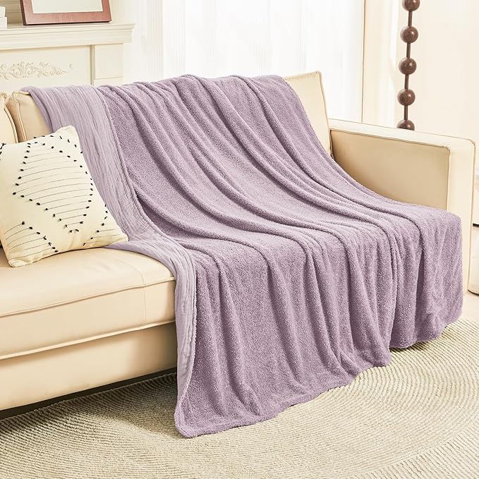 EMME Muslin and Fleece Throw Blanket Reversible - 50"*60" Lavender Soft Warm Throw Blankets for Couch Bed Picnic Travel Bed