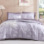 Queen Comforter Set -7 Pieces Floral Purple Comforter Set for All Seasons, Bed in a Bag Queen with Botanical Flowers Comforter, Sheets, Pillowcases & Shams