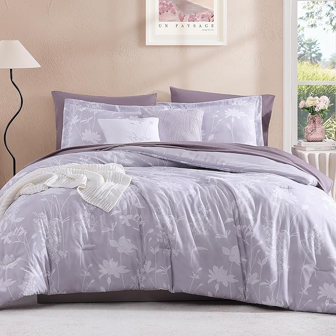 King Comforter Set -7 Pieces Floral Purple Comforter Set for All Seasons, Bed in a Bag King with Botanical Flowers Comforter, Sheets, Pillowcases & Shams