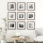 Vittanly 12x12 Picture Frames Set of 9, Shatter Resistant Plexiglass, Display 8x8 Pictures with Mat or 12x12 without Mat, Photo Frames for Wall Mount, Engineered Wood, Brown