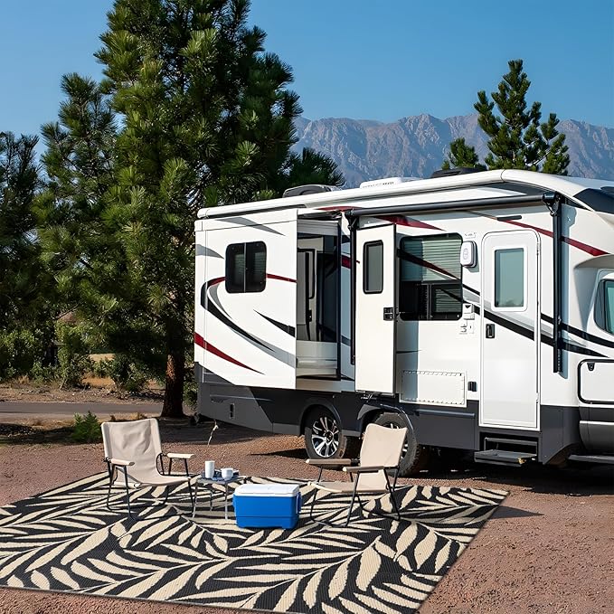 OLANLY Waterproof Outdoor Rug 5x8 ft, Reversible Outdoor Plastic Straw Rug with Leaf Pattern, RV Mat, Indoor Outdoor Carpet for Patio, Camping, Balcony, Deck, Backyard, Black & Beige