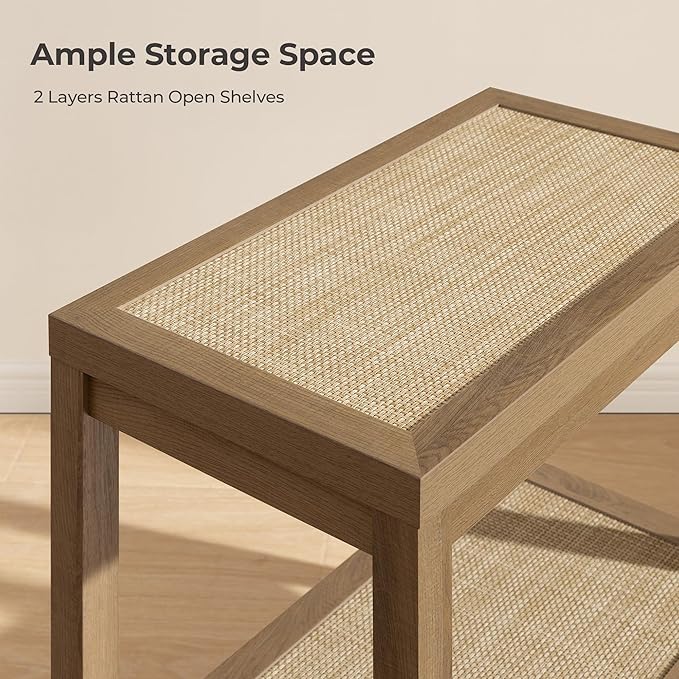 SICOTAS Rattan Night Stand Bedside Table - Farmhouse Boho Narrow End Table for Living Room - Accent Side Table with 2 Rattan Open Storage Shelves for Bedroom, Small Spaces