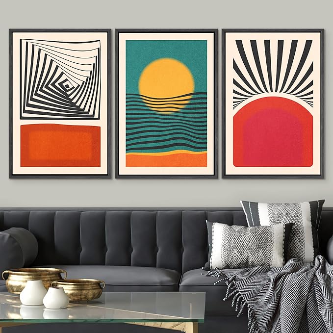 SIGNWIN Framed Canvas Print Wall Art Set Mid-Century Rising Sun & Color Blocks Abstract Geometric Illustrations Graffiti & Street Art Modern Art for Living Room, Bedroom, Office - 16"x24"x3 Black