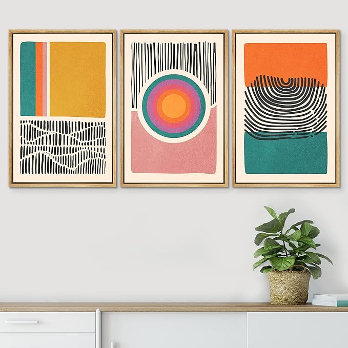 SIGNWIN Framed Canvas Print Wall Art Set Mid-Century Multicolor Color Block Shape Abstract Geometric Illustrations Graffiti & Street Art Modern Art for Living Room, Bedroom, Office - 24"x36"x3 NATURAL