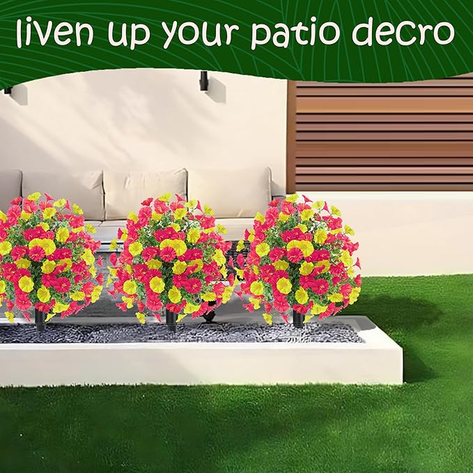 22.8" Set of 2 Fall artificial Boxwood topiary Ball tree for outdoors with Spike,UV Resistant Faux Shrubs Outdoor with morning glory flowers,Faux Plants Bushes for Garden Porch Yard Patio Decor YR