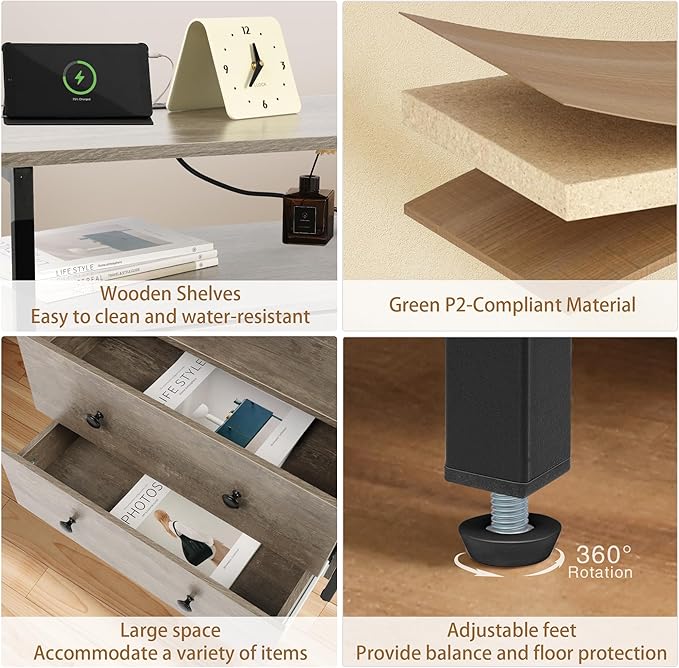 27 inch Wide Night Stand with Charging Station, Bedside Table with Open Shelf, 2 Drawers Small Wood Dresser, Modern Wood Nightstand for Bedroom/Living Room (Rustic Gray)