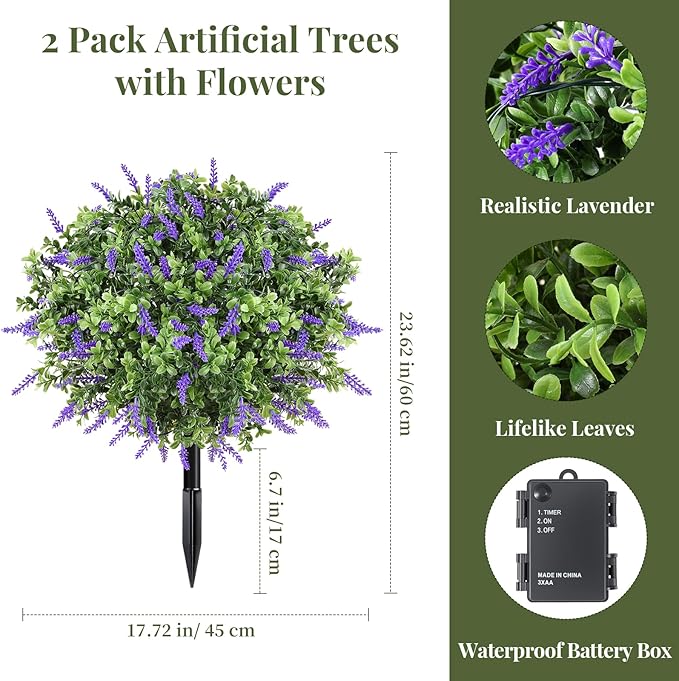 Lewondr Artificial Lavender Boxwood Topiary Ball with LED Lights, 23.6'' Artificial Shrub Bushes with Ground Spike, UV Resistant Faux Greenery Shrubs, Fake Plants for Indoor Outdoor Garden Patio Decor