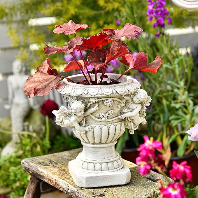 Sungmor Garden Cherub Urn Planter, Lovely Resin Angel Statue Flower Pots, Vintage European Style Planter, Rustic White Whimsy Fairy Decorative Plant Pot, Beautiful Pot for Indoor Outdoor Flowers