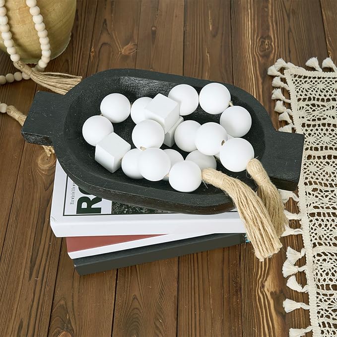 OMISHE White Extra Large Wood Bead Garland with 1.6" Diameter Wooden Beads and Tassels, 41.5" Long Rustic Farmhouse Country Boho Decorative Beads for Home Decor Tiered Tray Decor