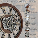 HOIBAI Large Wall Clock, 24 Inch Wall Clocks for Living Room Decor Farmhouse Vintage Rustic Kitchen Wall Decor Vintage Roman Big Oversized Wall Clock for Home Bedroom House Office, Moving Gears Clock