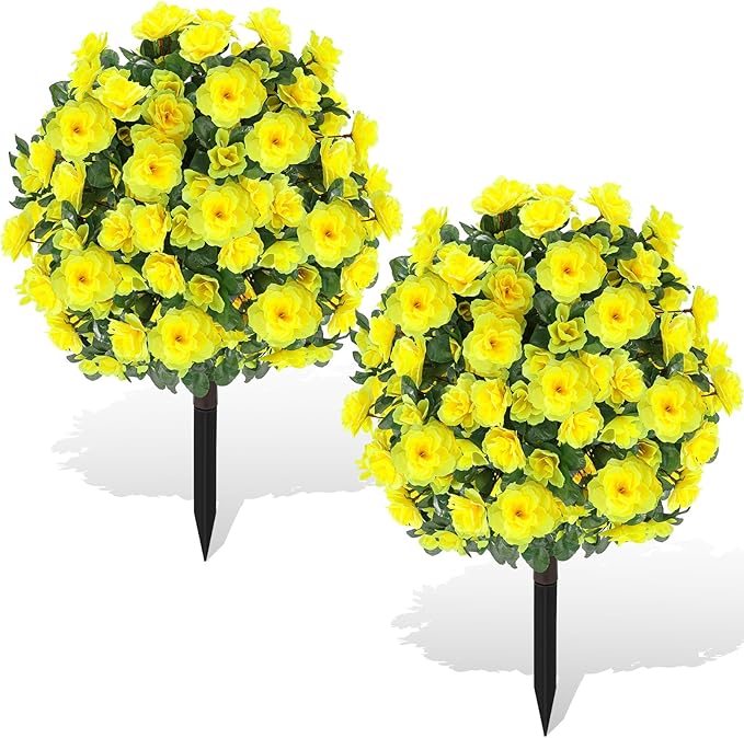 Artificial Boxwood Topiary Ball Trees with Ground Spikes UV Resistant Faux Greenery Shrubs Fake Shrubs for Outdoors, Realistic Faux Plants Bushes for Garden Porch Yard Patio Decor (Yellow)