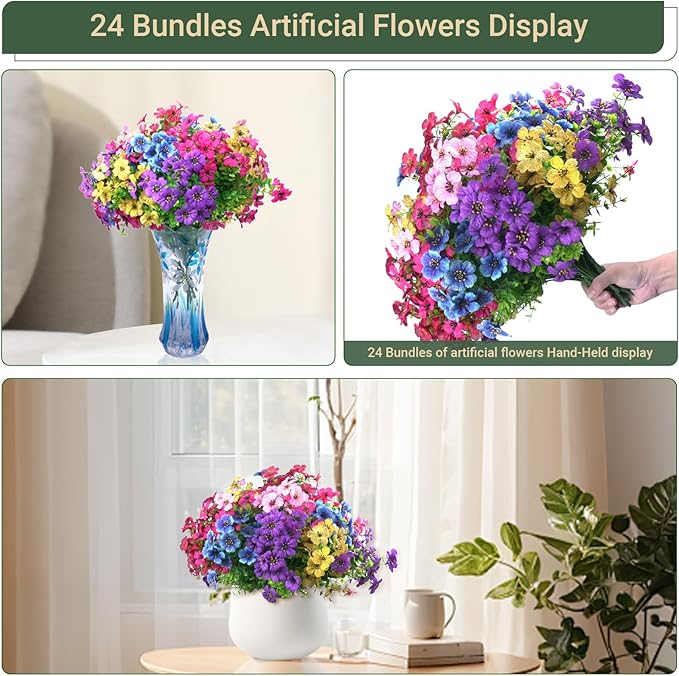24 Bundles Artificial Flowers for Outdoors & Indoors – UV Resistant Faux Plastic Plants for Garden, Patio, Porch, Window Box, Home Decor – Lush & Vibrant Fake Flowers, Multicolor