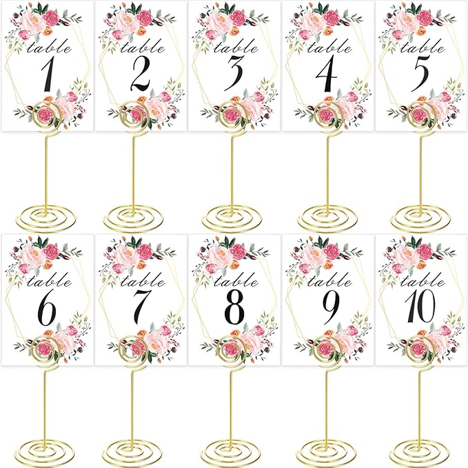 26 PCS Table Number Holder - Card Stand Wire Photo with Floral Cards, Place for Weddings Party Office Paper Memo Menu Note Clips, Gold