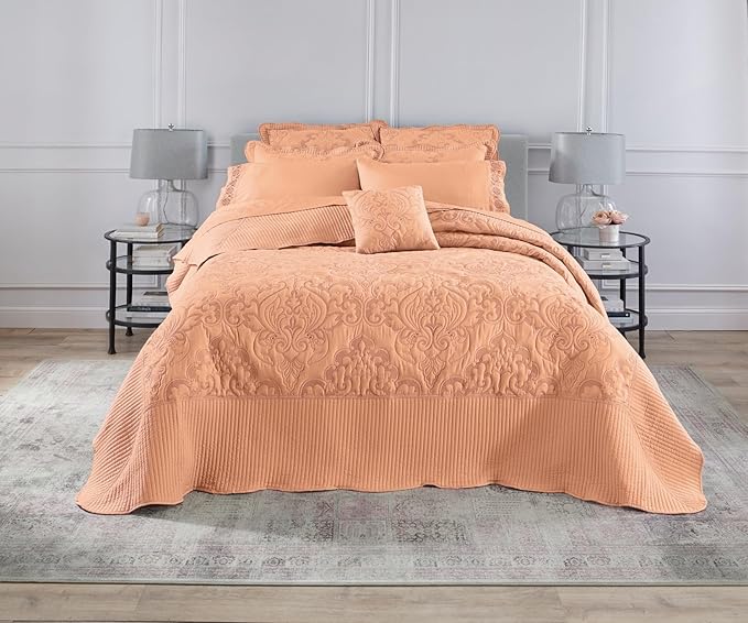 BrylaneHome Bedding Lightweight All Season Modern Amelia Quilted Damask Oversized Ultra Soft Bedspread - Full, Peach Fuzz