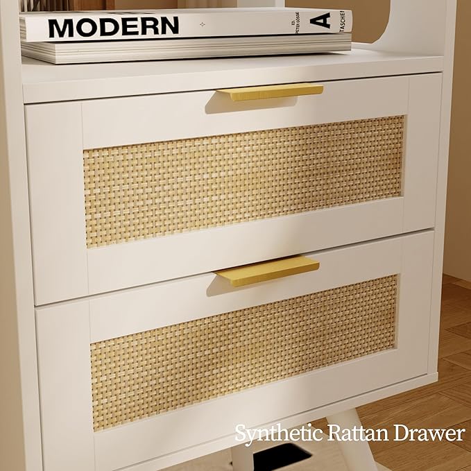 Rattan Nightstand with Charging Station,Farmhouse Bedside Table with 2 Storage Drawer and Open Wood Shelf, for Bedroom and Small Spaces,Night Stand with Solid Wood Legs (White-Outlet)