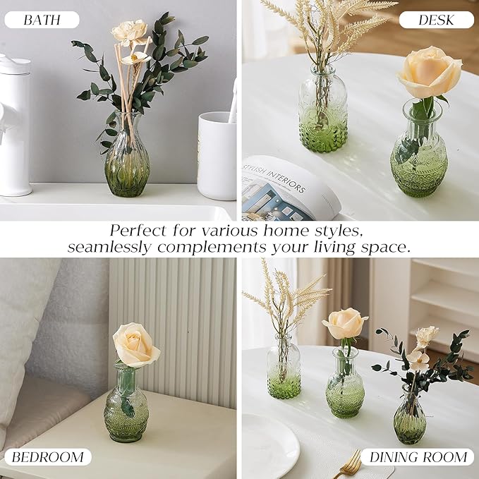 Glass Bud Vase Set of 20 - Small Vases for Flowers in Bulk - Assorted Vintage Crystal Vases for Flowers, Table Centerpieces (Green, 20 Pcs)