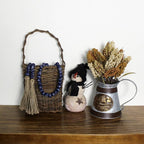 CVHOMEDECO. Wood Beads Garland with Tassels Farmhouse Rustic Wooden Prayer Bead String Wall Hanging Accent for Home Festival Decor. Navy Blue Stained