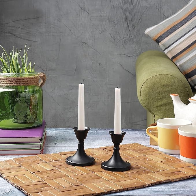 Rely+ Candlestick Holders Set of 2 Mini Stand Dinning Coffee Table Centerpiece Candle Holders Taper Candlesticks Holders Decor Home Easter Candle Holder for Mantel Wedding Party (Black)