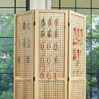 ‌Room Divider Freestanding Folding Pegboard Privacy Screen | 6-Panel Display Stand for Jewelry, Craft Shows, Retail | Natural Wood, Portable & Space-Saving Design