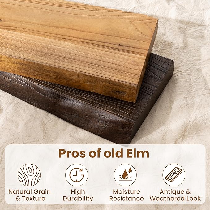 Solid Elm Wood Floating Shelves, 36 Inch Wood Floating Shelves for Wall, Live Edge Wooden Shelves Wall Mounted for Books, Bathroom, Kitchen, Natural Color, Set of 2