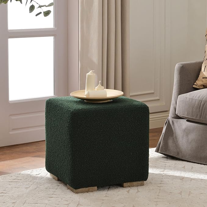 KINWELL 18.5" Wide Modern Square Boucle Upholstered Ottoman with Solid Wood Legs, Cube Ottoman Multi-Functional Sofa Footrest, Extra Seating for Living Room, Bedroom, Fully Assembled (Green)