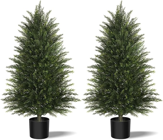 Artificial Topiary Ball Tree, Indoor Realistic Faux Boxwood Bush Potted Plants, Outdoor Fake Shrubs Cedar Evergreen Plants for Home Living Room Front Porch Decor (2, 4ft)