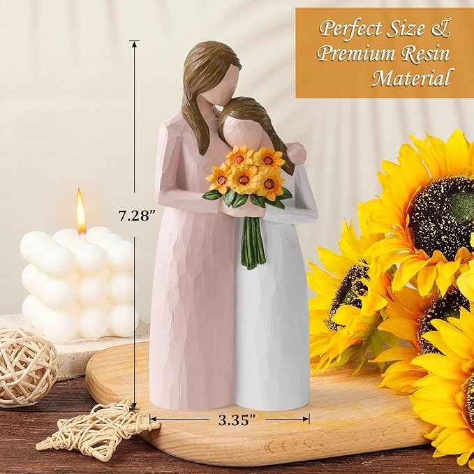Sunflower Mother Daughter Figurine, Hand-Painted Resin Figure, Sentimental Gifts for Mom from Daughter, Perfect for Mother’s Day, Birthday, Thanksgiving, Christmas and Home Decoration, Pink