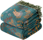 Boho Throw Blanket for Couch Sofa Bed, 100% Cotton Woven Quilt with Tassel 90”x98”, Super Soft Muslin Blanket with Bird Printed, Decorative Reversible Bed Blanket/Cover for All Seasons