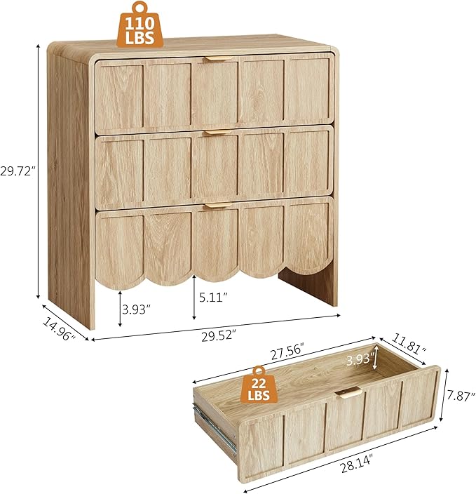 3 Drawer Dresser for Bedroom Set of 2, Modern Closet Chest of Drawers with Wave Fluted Drawer, Wood Storage Small Dresser Organizer for Nursery Bedroom Living Room Hallway Closet (Natural)