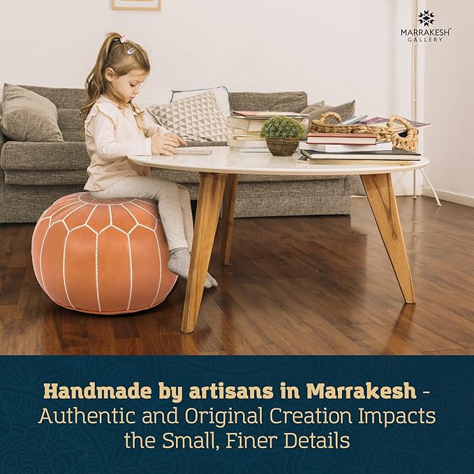 Marrakesh Gallery Genuine Leather Round Pouf Unstuffed - Moroccan Ottoman Footstool, Footrest Cover - Boho Decor - Bohemian Living Room, Bedroom, Kids Room, Gift & Wedding