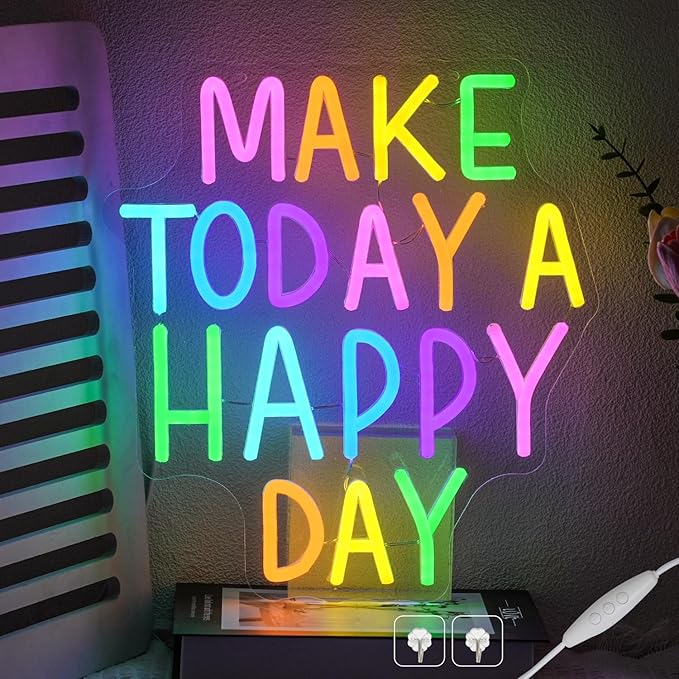 Make Today A Happy Day Neon Sign, Inspirational Colorful Letter Neon Light for Wall Decor, Dimmable Motivation LED Light Sign for Bar Cafe Restaurant Office Living Room Wedding