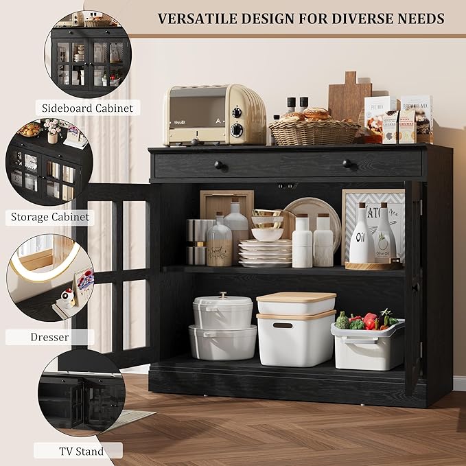 GarveeHome 35.4 in Sideboard Buffet Cabinets with Glass Door, Buffet Cabinet with Storage, Black Sideboard Cabinet with Drawer, Modern Buffets & Sideboards for Dining Room, Kitchen
