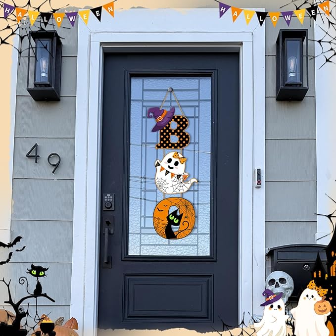 Britimes BOO Halloween Door Sign for Front Door, Halloween Cute Ghost Black Ghost Wall Decorations Wooden Hanging Signs for Home Wall Porch Outdoor Party Decor