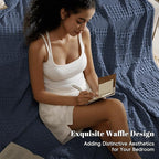 PHF 100% Cotton Waffle Weave Blanket Twin Size, Soft Lightweight Breathable Cozy Summer Blankets for Bed, Luxury Aesthetic Woven Bedding for Home Decor, 66"x90", Dark Navy