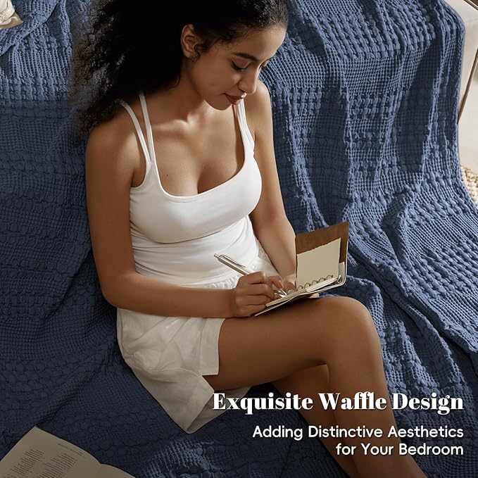 PHF 100% Cotton Waffle Weave Blanket King Size, Soft Lightweight Breathable Cozy Summer Blankets for Bed, Luxury Aesthetic Woven Bedding for Home Decor, 108"x90", Dark Navy