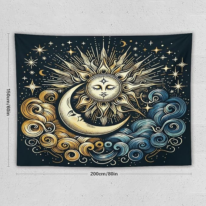 HZOHNAGO Sun Moon Tapestry Boho Golden Stars Pattern Printed Wall Tapestry Wall Hanging for Bedroom Living Room Dorm 80" W x 60" H