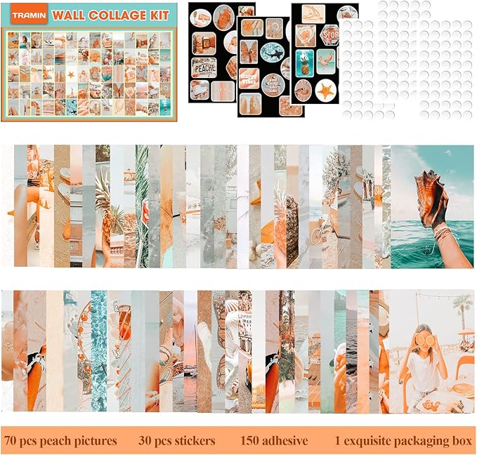 TRAMIN Peach Beach Posters, Wall Art Print for Room, Boho Style Collage Kit Aesthetic Pictures, 100 Pcs, Teal Color Room Decor for Girls, Dorm Photo Display
