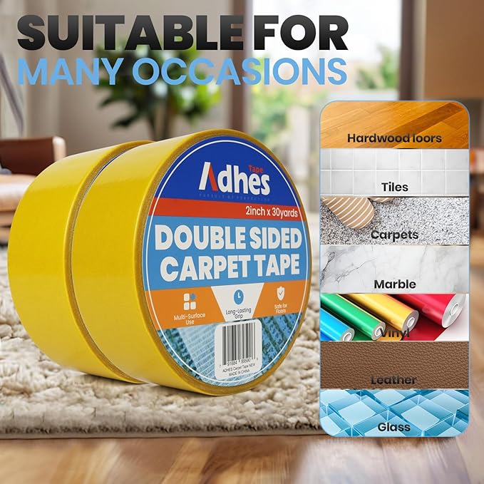 ADHES Double Sided Carpet Tape for Area Rugs – 2 Inch x 30 Yards, Heavy Duty Adhesive, Residue-Free, Rug Gripper for Hardwood Floors, Tile, and Carpeted Surfaces
