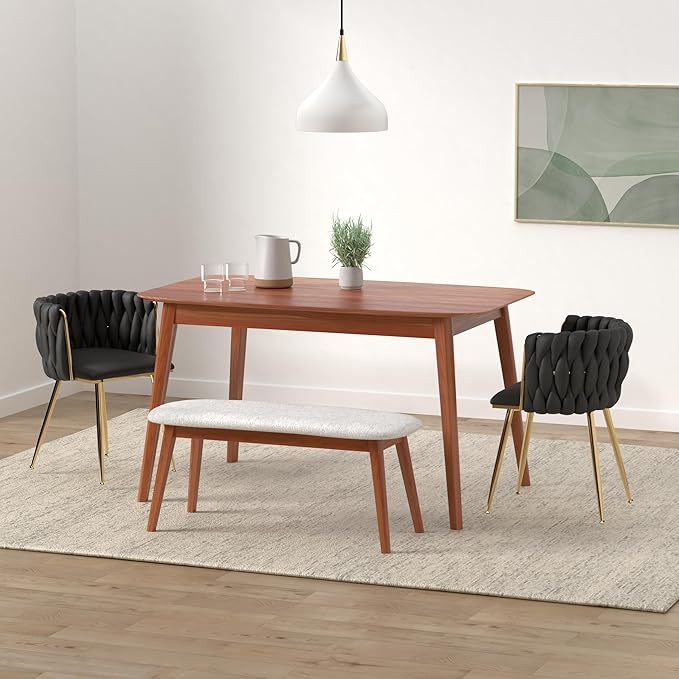 Nrizc Woven Dining Chairs Set of 6, Velvet Upholstered Dining Chairs with Gold Metal Legs, Modern Accent Chairs for Living Room, Dining Room, Kitchen (Black)