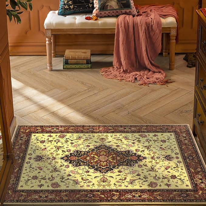 Topllen Washable Area Rug - 3'x5' Boho Bedroom Rug Indoor, Non-Slip Low-Pile Rugs for Living Room Bathroom Kitchen Front Door, Entry Throw Carpet Stain Resistance (Red, 3x5ft)