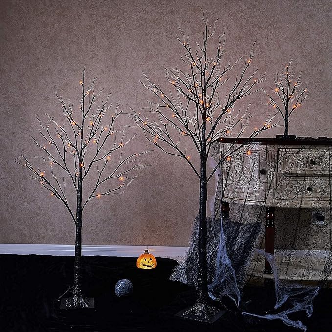LITBLOOM Lighted Spooky Halloween Tree with Timer Battery Operated or USB Plug in, Pre-lit Black Glittered Tabletop Tree with Orange Lights 24L 18IN for Halloween Home Party Decoration Indoor