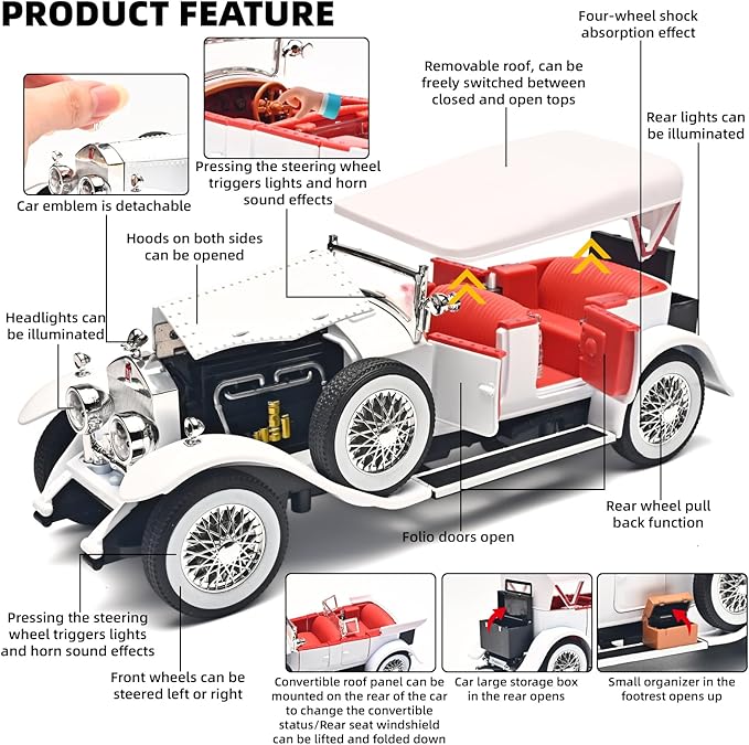 Model Car Kits Adults and Boys 1/24 Diecast Cars Phantom Generation Vintage Car Collectibles,Die Cast Metal Pull Back Cars with Lights and Sounds,Toy Cars for Boys Age 3-12（White）