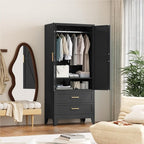 71'' Farmhouse Metal Wardrobe Cabinet with Hanging Rod, 2 Barn Door Wardrobe Closet with Adjustable Shelves,2 Drawer,for Dining Room,Bedroom,Living Room, Cloak Room,Office (Black)