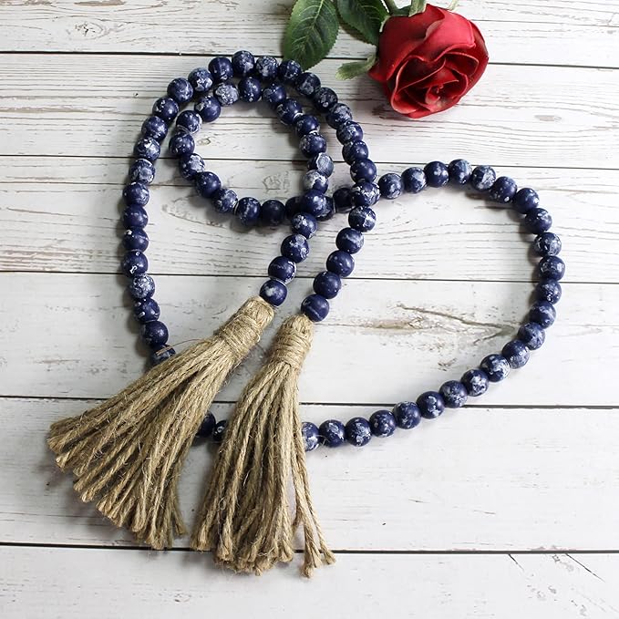 CVHOMEDECO. Wood Beads Garland with Tassels Farmhouse Rustic Wooden Prayer Bead String Wall Hanging Accent for Home Festival Decor. Navy Blue Stained