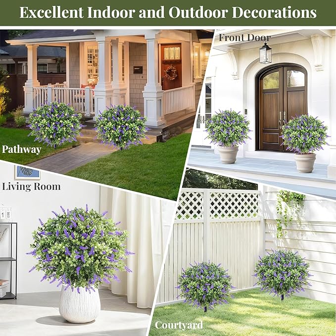 Lewondr Artificial Lavender Boxwood Topiary Ball with LED Lights, 23.6'' Artificial Shrub Bushes with Ground Spike, UV Resistant Faux Greenery Shrubs, Fake Plants for Indoor Outdoor Garden Patio Decor