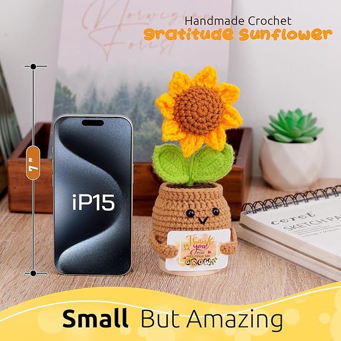 Crochet Sunflower Doll with Positive Cards – Emotional Support Stand with Magnetic Hands Hold Custom Cards - Thank You for Helping Me Grow Gift for Teachers, Coworkers & Friends