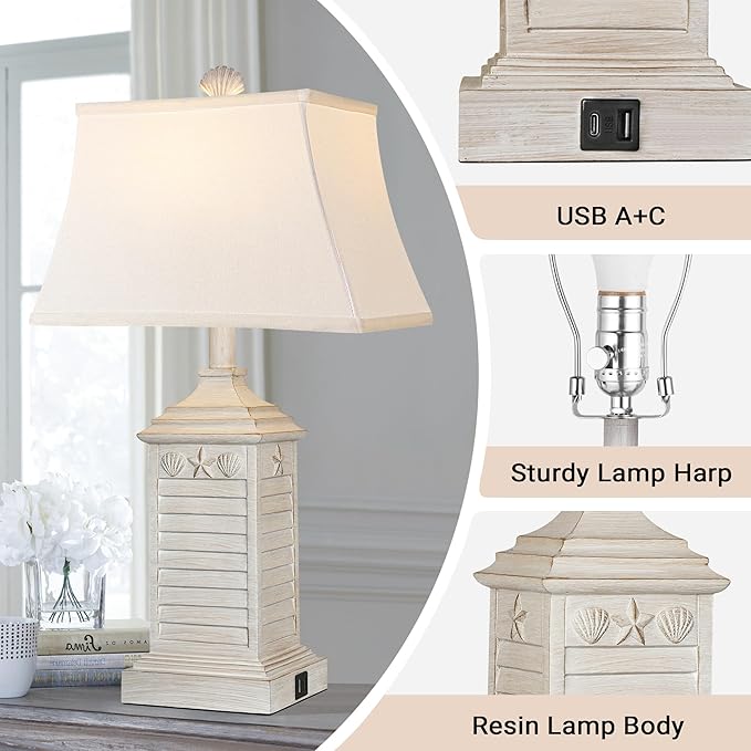 Hamucd Coastal Table Lamps Set of 2, Beach Living Lamps for Bedroom with USB A+C, Washed White Modern Resin LED 3-Color Temperature Bedside Nautical Decor, Nightstand Tropical Lamps for End Table.