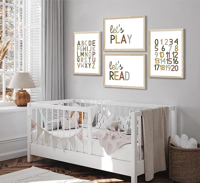 4 Pcs Boho Playroom Canvas Wall Art Nursery Toddler Educational Let's Read Let's Play Painting Pictures Wall Decor Posters Print Artwork for Girl Boy Childs Room Classroom Home Decoration Unframed